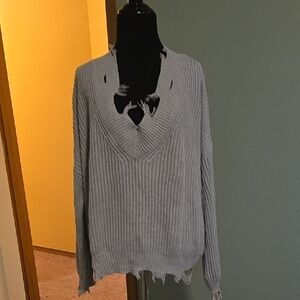 On The Road Distressed V-Neck Sweater in Gray